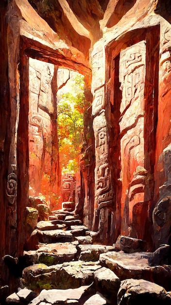 Illustration 3D de la porte en pierre de style maya de la forêt