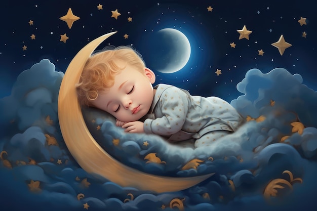 Illustration 3d pour enfants avec lune et bébé endormi Belle affiche pour chambre de bébé ou chambre à coucher Carte de voeux enfantine