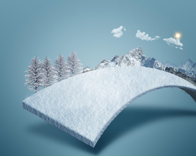 Illustration 3d de la publicité sur la route enneigée. route de neige avec des montagnes isolées.