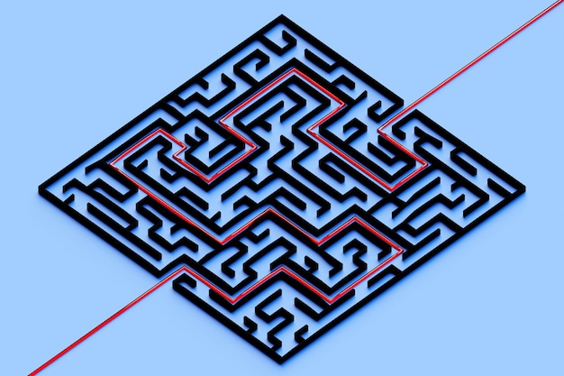 Illustration 3d d'un puzzle de couloir carré noir Labyrinthe 3D avec murs volumétriques Évasion de donjon ou conception de niveau de puzzle