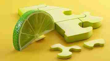 Photo illustration 3d d'un puzzle avec une pièce manquante en forme de coin de citron vert le puzzle est sur un fond jaune