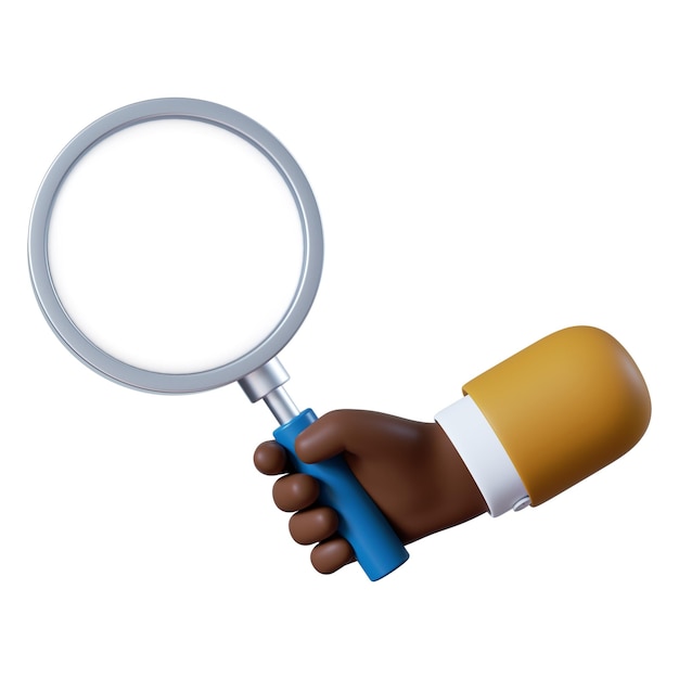 Illustration 3D Recherche d'une icône Un personnage de dessin animé afro-américain tient une grande loupe à la main
