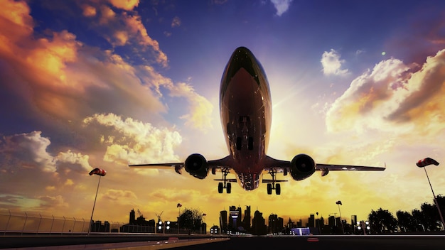 Illustration 3D Render L'avion de passagers atterrit pendant un magnifique lever de soleil