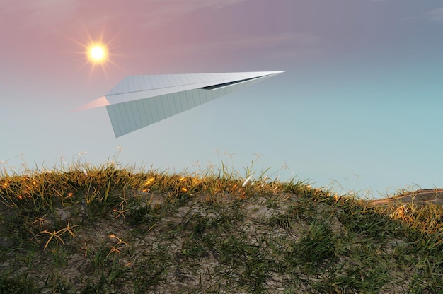 Illustration 3D Rendu 3D Concept de réussite commerciale à l'idée créative de démarrage cible Avion en papier blanc volant sur le ciel entre les nuages beau paysage naturel