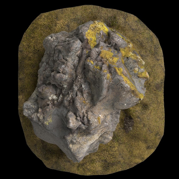 Illustration 3D de roches couvertes de mousse placées sur une plate-forme de mousse isolée sur fond noir