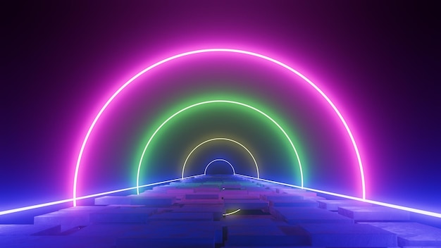 Illustration 3D de la route au portail au néon rond et coloré la nuit