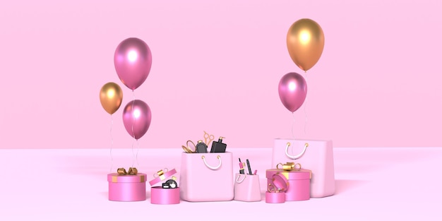 Illustration 3d d'un sac avec des ballons de coffrets cadeaux cosmétiques sur fond rose