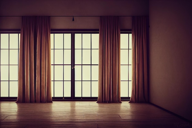 Illustration 3d d'une salle vide et d'un sol stratifié en bois avec la lumière du soleil de la fenêtre