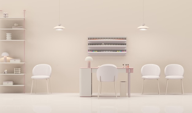 Illustration 3D d'un salon de beauté spa à ongles sur fond beige et rose d'un studio de beauté de luxe
