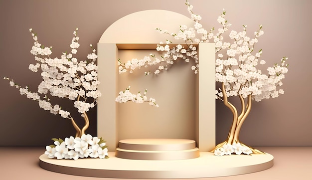 Une illustration 3d d'une scène avec un arbre et des fleurs.