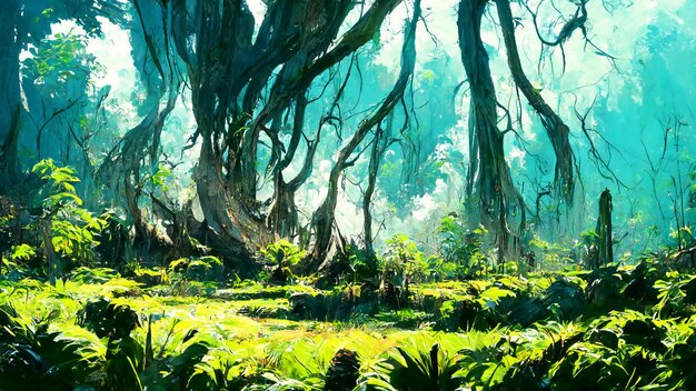 Illustration 3D de la scène des arbres de style maya de la forêt