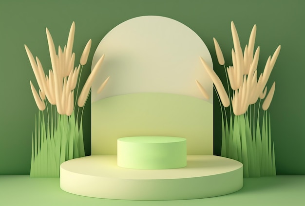 Illustration 3d d'une scène de produit sur un podium d'herbe verte