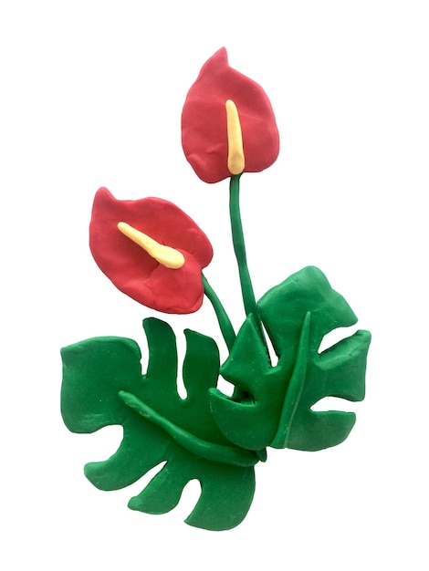 Illustration 3d sculpture en pâte à modeler bouquet tropical de fleurs et de feuilles de monstère
