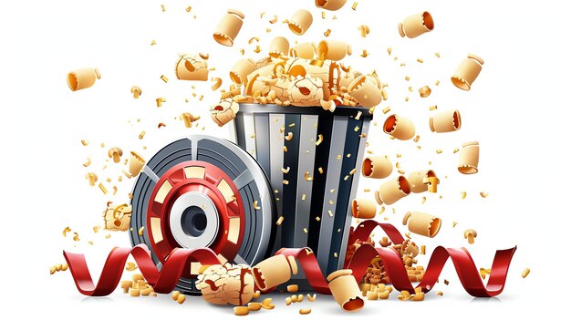 Photo illustration 3d d'un seau de pop-corn avec un ruban rouge enroulé autour de lui