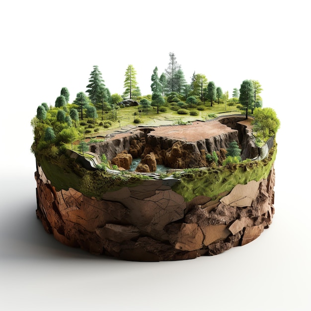 Illustration 3D de la section transversale du sol rond avec terre et herbe verte