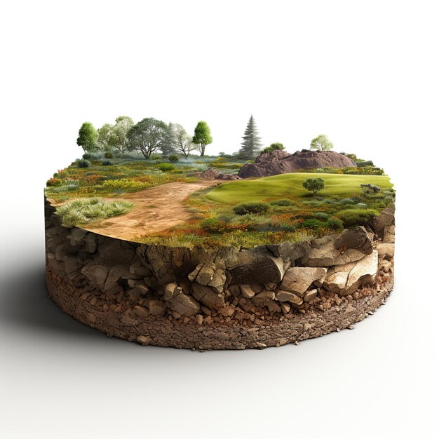 Illustration 3D de la section transversale du sol rond avec terre et herbe verte