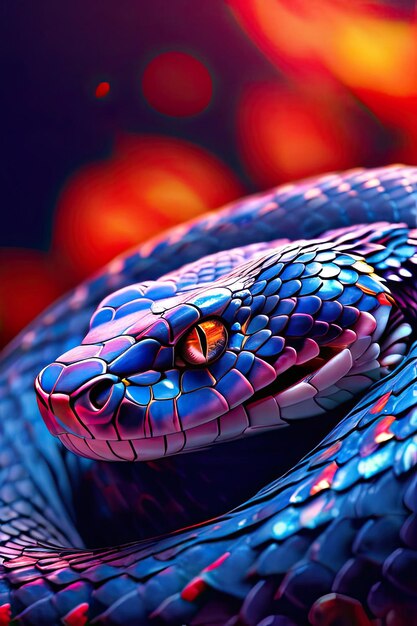 Illustration 3D d'un serpent fantastique avec un fond coloré et un bokeh