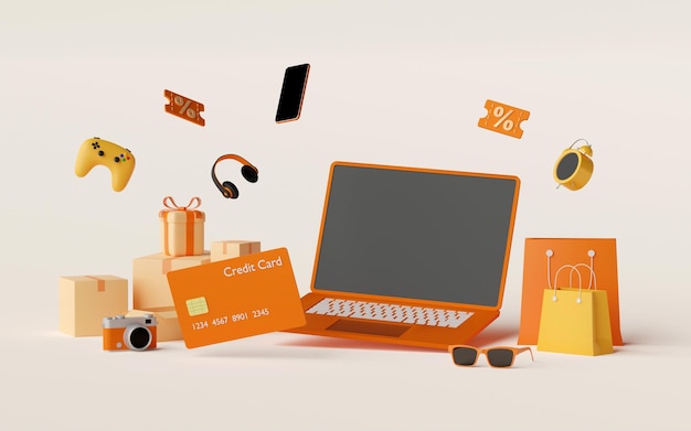 Illustration 3d de Shopping en ligne avec concept de carte de crédit ordinateur portable à écran blanc avec boîte de colis de carte de crédit et articles