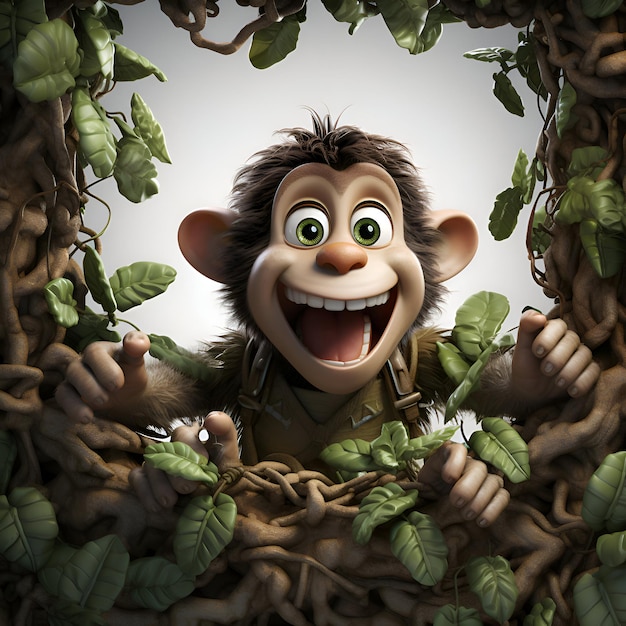 Illustration 3D d'un singe de dessin animé dans un cadre d'arbre entouré de feuilles