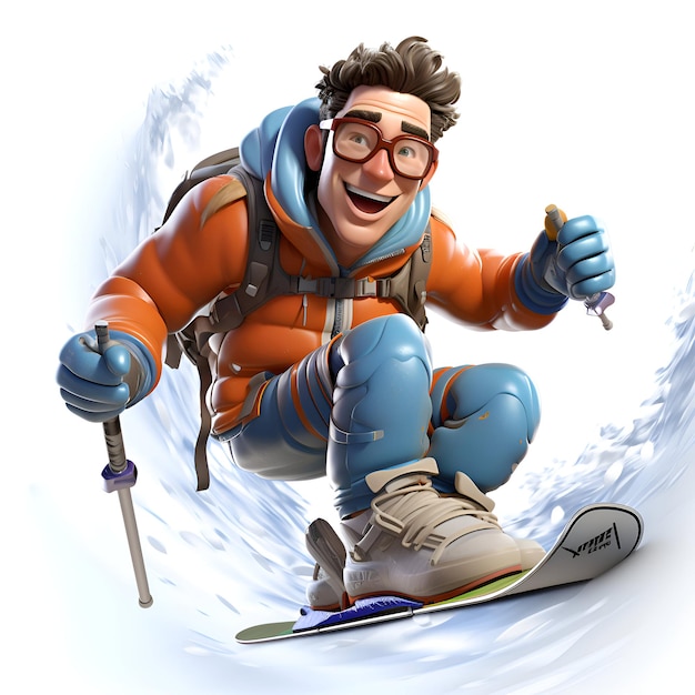 Illustration 3D d'un skieur de dessin animé drôle sur une planche à neige