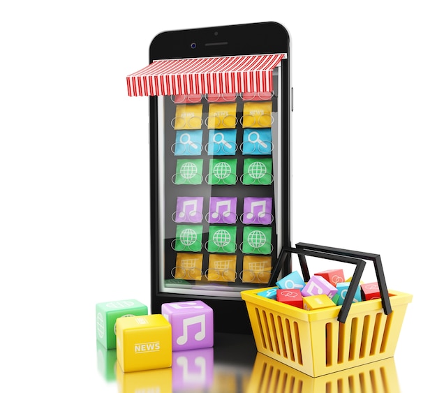 Illustration 3D Smartphone avec des magasins d&#39;applications mobiles. E-commerce, concept de magasinage en ligne.