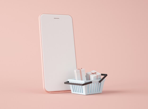 Illustration 3D. Smartphone et panier d'achat.