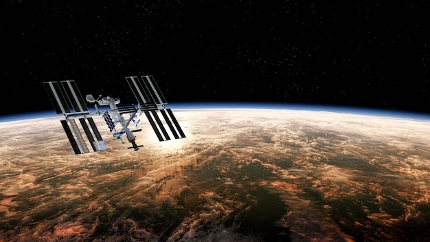 Illustration 3D Station spatiale internationale sur orbite de la planète Terre ISS Fond sombre Éléments de cette image fournis par la NASA