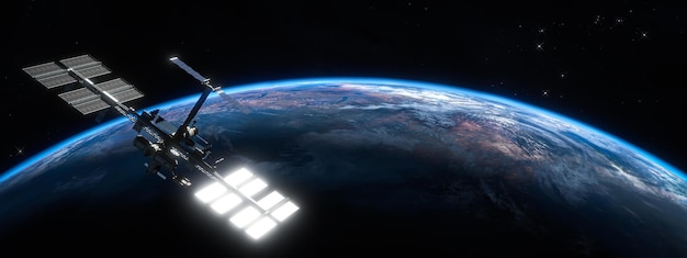 Illustration 3D Station spatiale internationale sur orbite de la planète Terre ISS Fond sombre Éléments de cette image fournis par la NASA