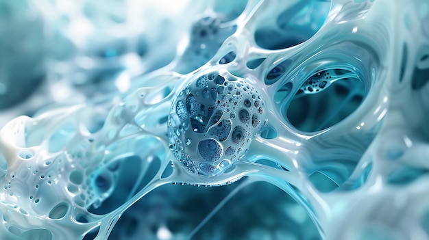 Illustration 3D d'une structure organique bleue et blanche ressemblant à un groupe de cellules ou d'organismes interconnectés