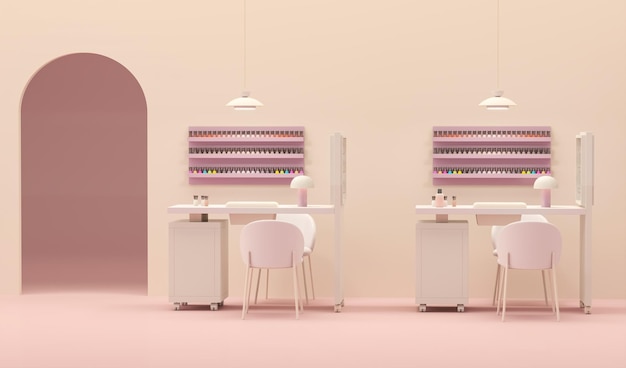 Illustration 3D d'un studio de beauté de luxe sur un fond rose pastel