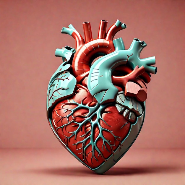 Illustration 3D de style vintage d'un cœur humain anatomique sur fond coloré