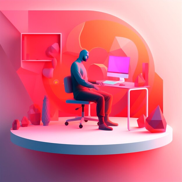 Illustration 3D stylisée de l'espace de travail du designer avec ordinateur dans le bureau à domicile généré par l'IA