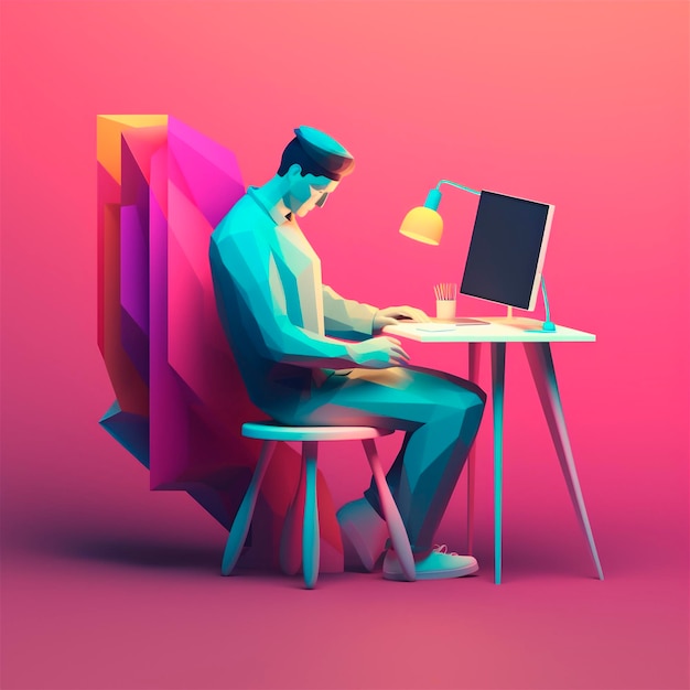 Illustration 3D stylisée de l'espace de travail du designer avec ordinateur dans le bureau à domicile généré par l'IA