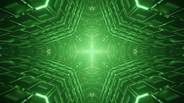 Photo illustration 3d symétrique du tunnel vert abstrait avec ornement lumineux de panneaux géométriques