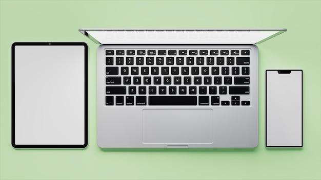 Illustration 3d d'une tablette d'ordinateur portable et d'un smartphone sur la vue de dessus de bureau vert