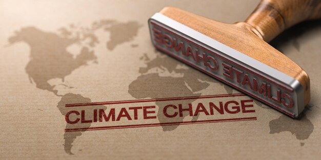 Illustration 3D d'un tampon en caoutchouc sur fond de papier avec un filigrane de carte du monde imprimé et le texte sur le changement climatique. Concept de réchauffement climatique.