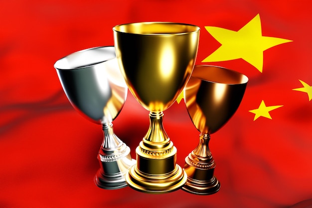 illustration 3d d'une tasse de gagnants sur le fond du drapeau national de la Chine