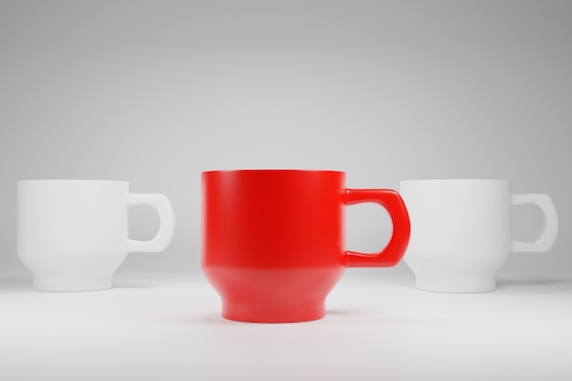 Illustration 3D de tasse de tasse de thé de café de couleur de différence pour un concept unique ou leader