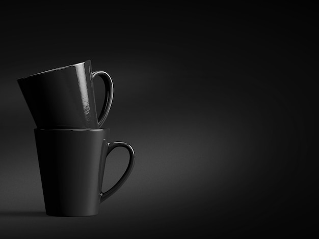 Illustration 3D Tasses en porcelaine noire isolées sur fond noir