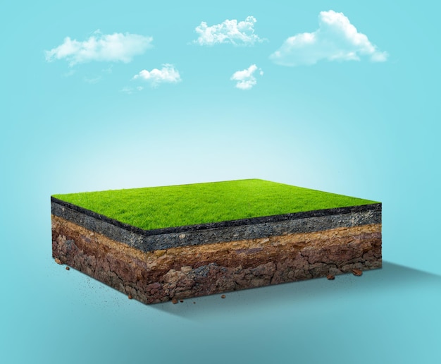 Illustration 3d d'un terrain d'herbe cubique isolé avec des nuages. coupe transversale avec le sol. et l'herbe verte