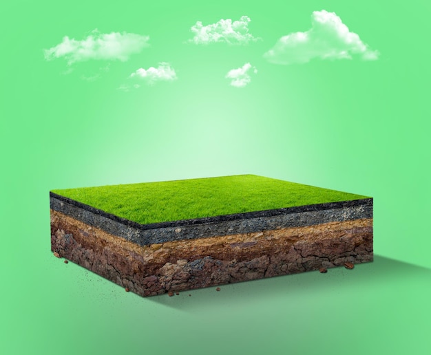 Illustration 3d d'un terrain d'herbe cubique isolé avec des nuages. coupe transversale avec le sol. et terre verte.