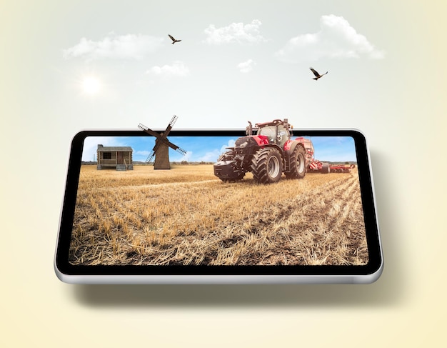 Illustration 3d de terres agricoles avec tracteur sur écran de tablette flottant isolé avec des nuages. ferme de blé
