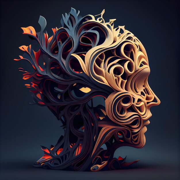 Illustration 3D d'une tête humaine en bois et métal