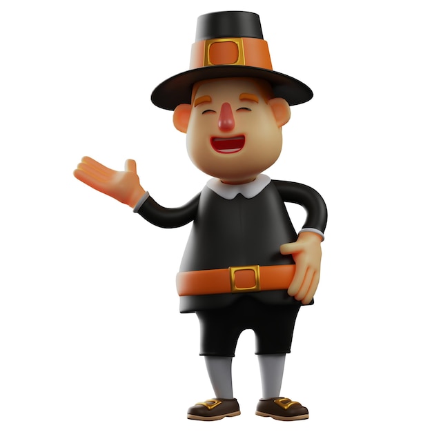 Photo illustration 3d thanksgiving personnage de pèlerin portant un chapeau cool mains sur la taille pose