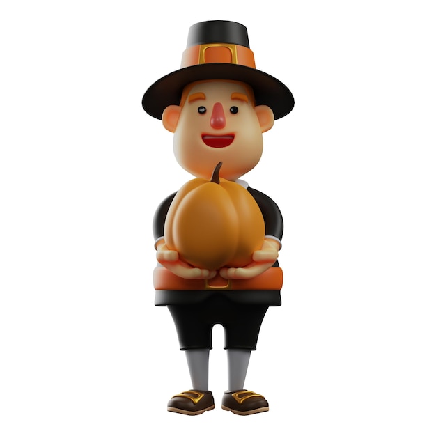 L'illustration 3D de Thanksgiving Pilgrim Man a une citrouille portant un costume noir cool