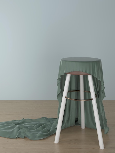 Illustration 3D d'un tissu vert foncé sur un tabouret marron pour une vitrine de produit avec un tracé de détourage