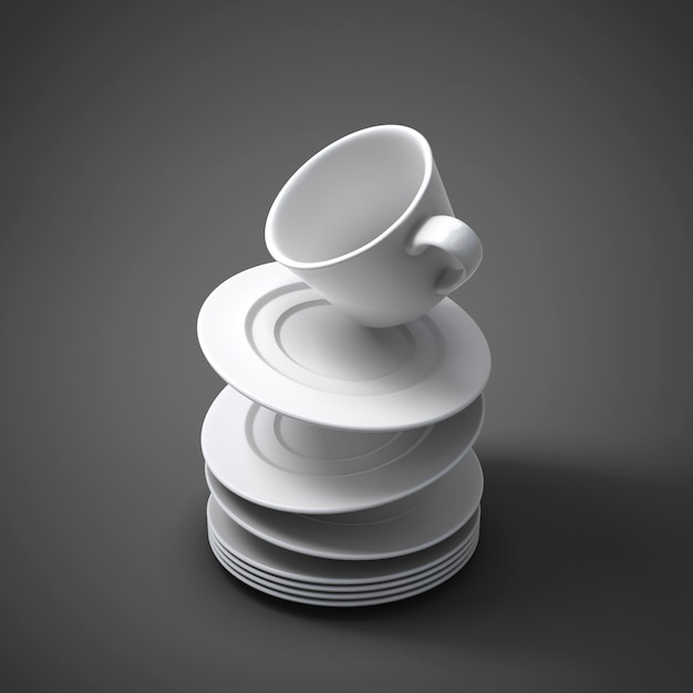 Photo illustration 3d tombant des tasses et des soucoupes sur fond gris. image de rendu 3d.