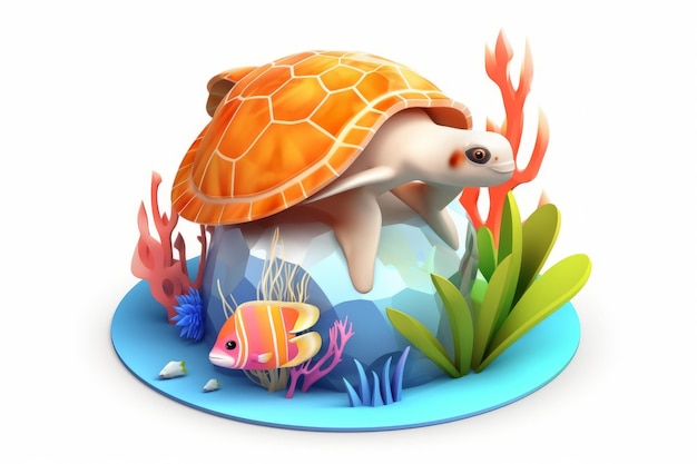 Une illustration 3d d'une tortue sur un rocher.