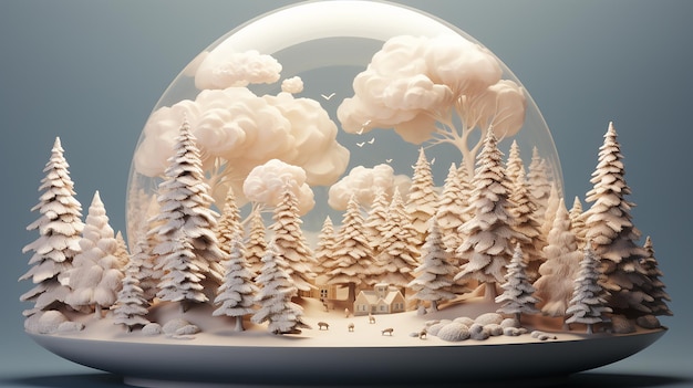 Illustration 3D de la tranquillité du globe de neige avec une couverture de neige blanche