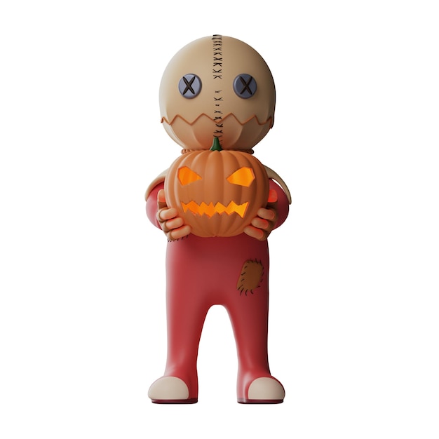 Illustration 3D Trick 'r treat Illustration Un personnage de dessin animé ayant une citrouille d'Halloween